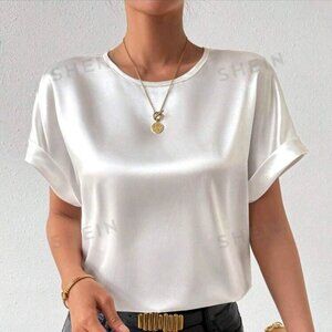 SHEIN Prive' Batwing Short Sleeve Satin Blouse With Round Neck